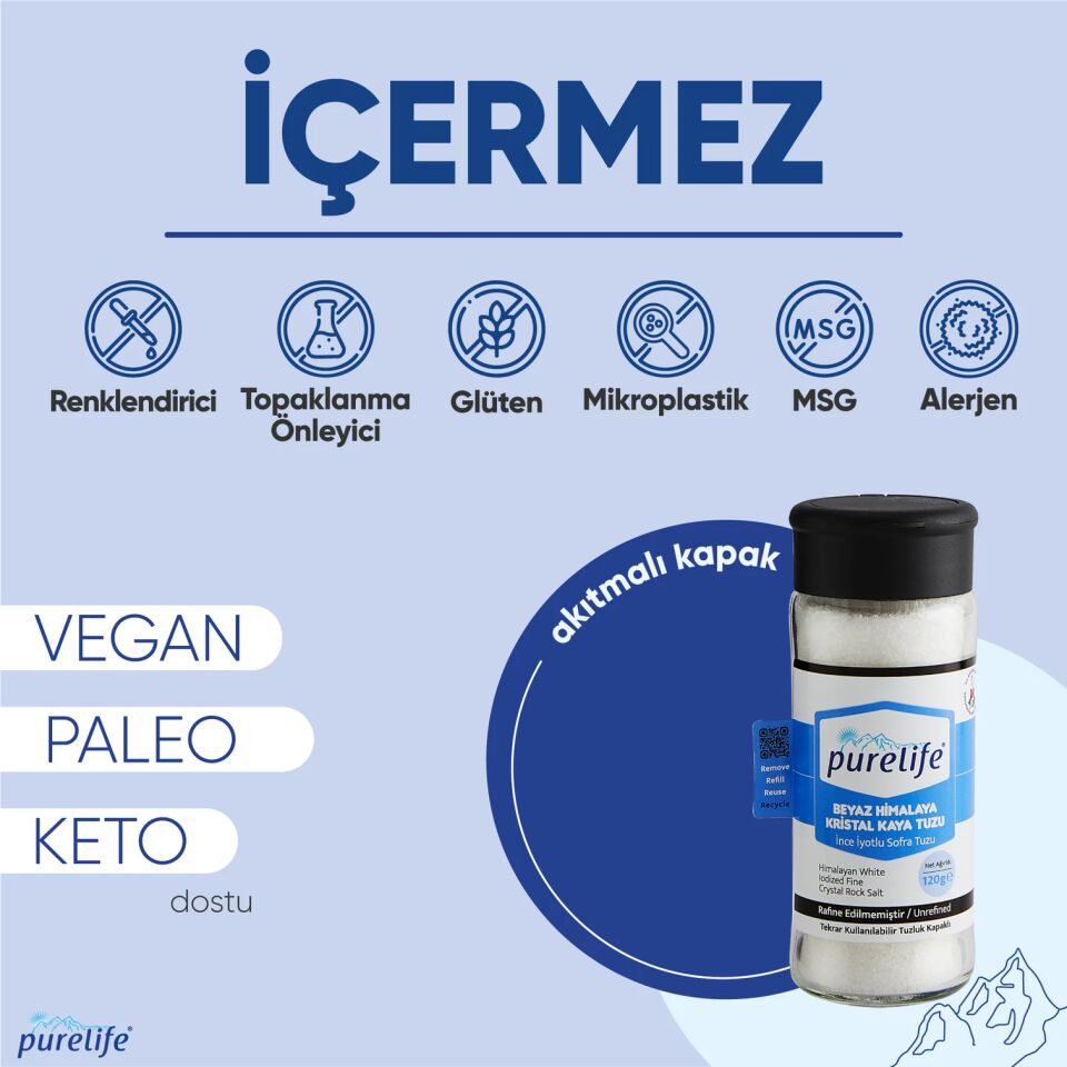 Purelife Himalaya Tuzu İyotlu İnce Beyaz – Tuzluk Kapaklı Cam Şişe 120g
