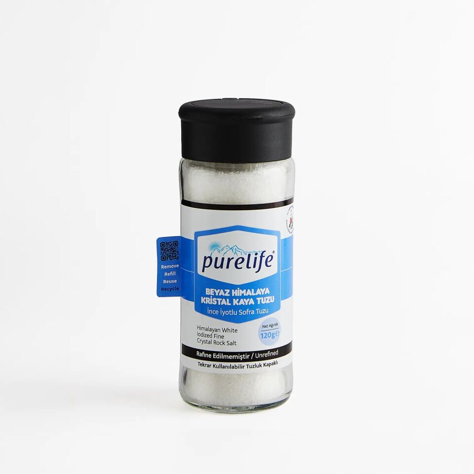Purelife Himalaya Tuzu İyotlu İnce Beyaz – Tuzluk Kapaklı Cam Şişe 120g