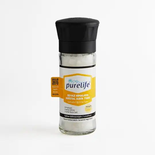 Purelife Himalaya Tuzu Granül Beyaz - Seramik Değirmenli Cam Şişe - 120 gr